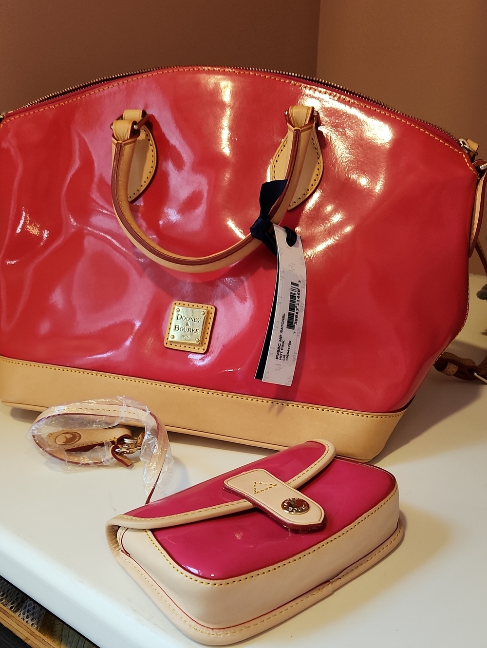 Dooney & Bourke Hot Pink Patent Dome Satchel with Cream Trim and Sml Match Case